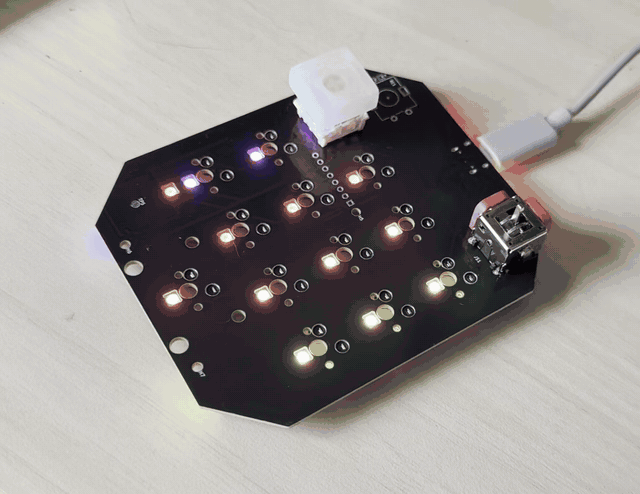 Animated RGB lighting test on the bare AgentPad13 PCB.